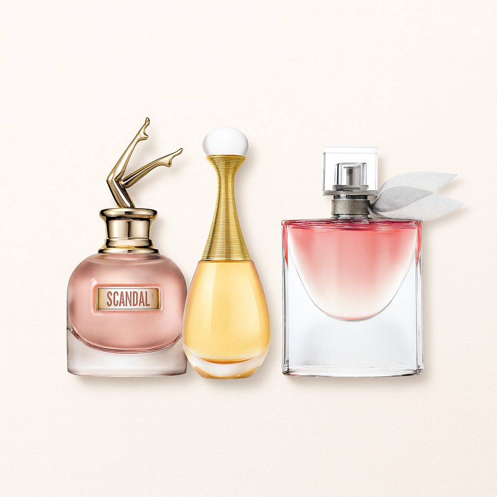 Zestaw 3 perfum Jean Paul Gaultier SCANDAL, Dior J'ADORE, Lancôme LA VIE EST BELLE 100ml